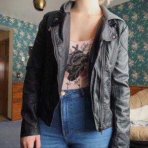 Faux Leather Moto Jacket w/ Gray Hood